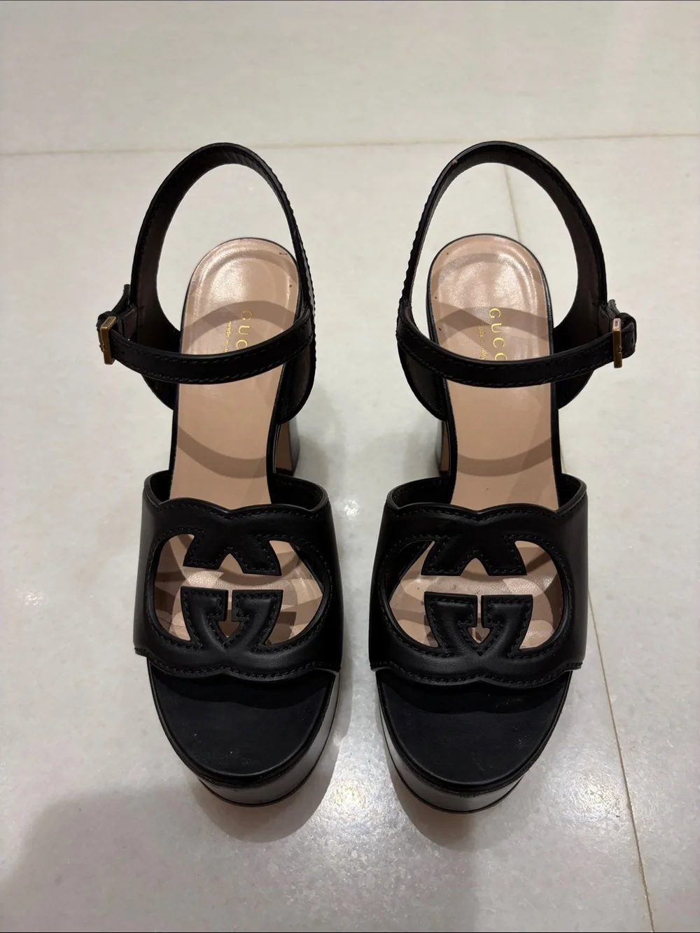 Gucci Black Leather GG Cutout Platform Sandals